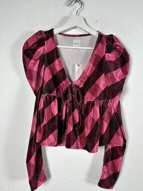 Anthropologie Maeve Velvet Babydoll Top XXS Burgundy Plaid Puff Sleeve New $88